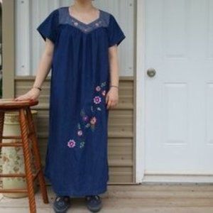 VANITY FAIR Embroidered Floral Blue Denim Maxi Dress, Vintage 80s, (Plus)